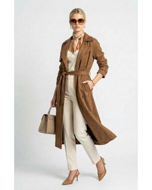 Knit & Lounge Long Sleeve Midi Trench Coat With Belted Waist And Double Breasted Front - White
