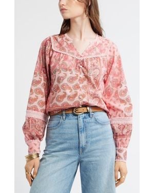 Treasure & Bond Lace Trim Button-Up Shirt - Red
