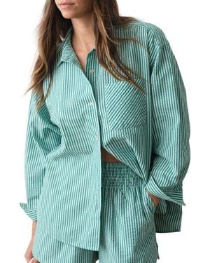 Marine Layer Gracey Stripe Oversize Cotton & Kapok Seersucker Button-Up Shirt - Green