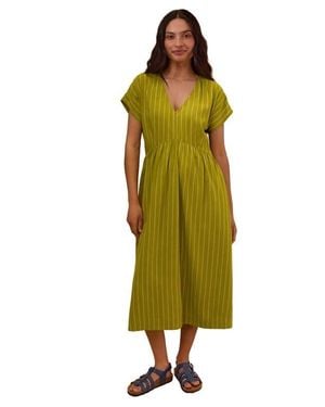 Celtic & Co. V-Neck Gathered-Waist Striped Midi Dress - Yellow