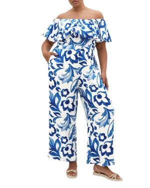 City Chic Off The Shoulder Floral Print Jumpsuit - Blue