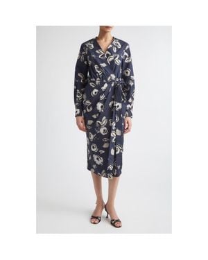 Max Mara Floral Print Long Sleeve Cotton Wrap Dress - Blue