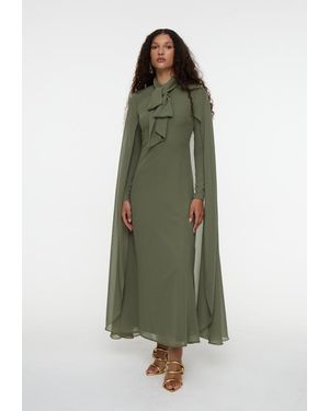 MARYISA Modest Chiffon Dress Maxi With Cape Style And Bow - Green