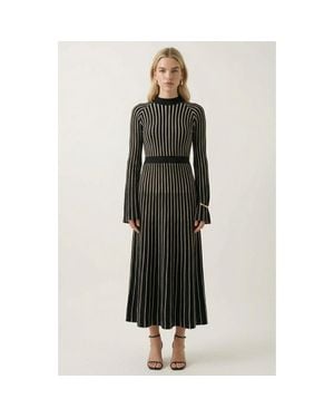 Modenaire Striped Rib-Knit Long Sleeve Maxi Dress With Mock Neck - Black