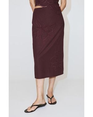 Mango Floral Embroidered Midi Skirt - Purple