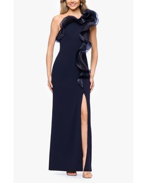 Betsy & Adam Organza Ruffle One-Shoulder Scuba Crepe Gown - Blue