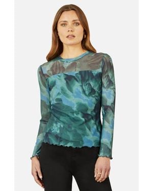 Yumi' Long Sleeve Floral Mesh Top - Green