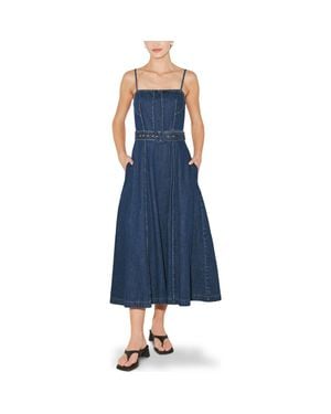 FREEMARKET Pleated Square Neck Denim Midi Dress - Blue