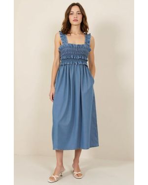 Modenaire Smocked Ruffle Strap Square Neck Flowy Midi Dress - Blue