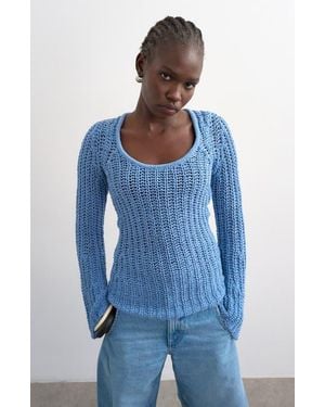 TOPSHOP Knitted Open Stitch Long Sleeve Top - Blue