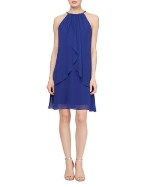 SLNY Embellished Neck Chiffon Ruffle Dress - Blue
