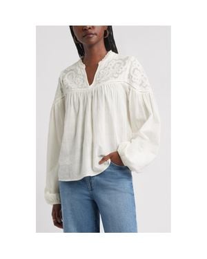 Treasure & Bond Appliqué Yoke Balloon Sleeve Cotton Top - White