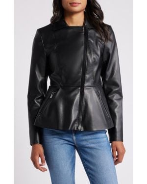 Via Spiga Peplum Faux Leather Moto Jacket - Black