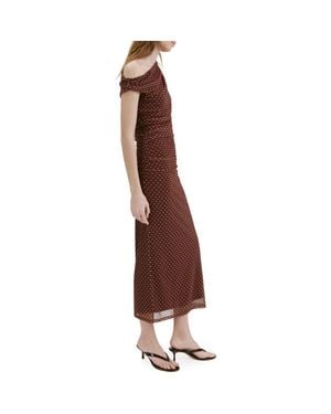 Mango Ruched Dot Midi Dress - Brown
