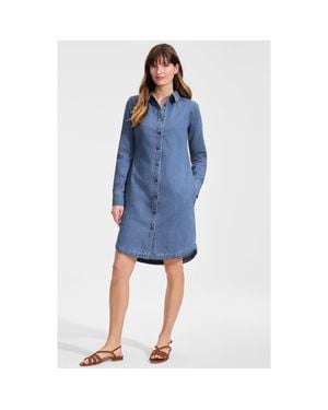 Lands' End Linen Long Sleeve Button Front Shirt Dress - Blue