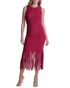 DKNY Fringe Sleeveless Sweater Dress - Red