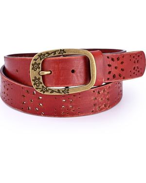 Old Trend Blooming Genuine Leather Perforated Floral Vintage Belt - Red