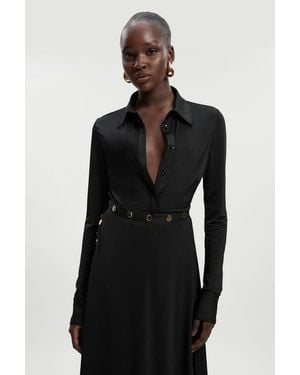 Karen Millen Petite Drapey Crepe Slim Collared Shirt - Black