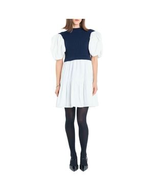 English Factory Puff Sleeve Mixed Media Sweater Dress - Blue