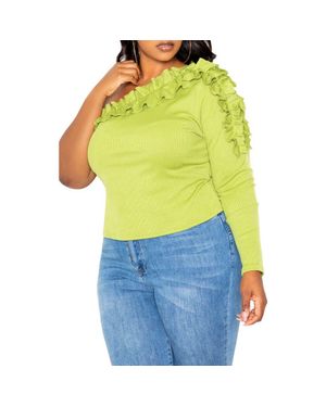 Buxom Couture Cascade Ruffle One-Shoulder Rib Top - Blue