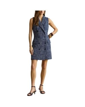 Ralph Lauren Double Breasted Sleeveless Bouclé Coat Dress - Blue