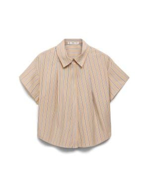 Mango Stripe Short Sleeve Poplin Button-Up Shirt - Natural