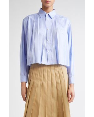 Undercover Pleated Raw Hem Crop Button-Up Shirt - Blue