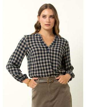 Single Stitch V-Neck Plaid Peasant Top - Gray