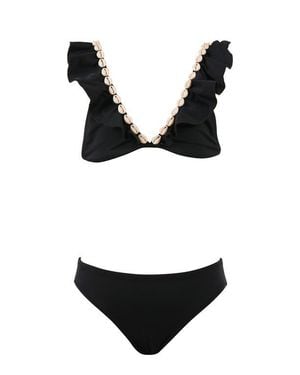 NESSI BYRD V-Neck Shell-Adorned Ruffled Two-Piece Bikini - Black