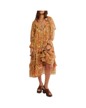Free People Garden Wonders Long Sleeve Cotton Maxi Dress - Brown