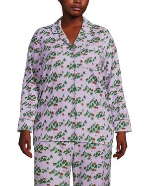 Lands' End Plus Size Long Sleeve Print Flannel Pajama Top - Gray