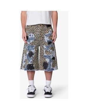 MNML Ultra Baggy Cheetah Boro Denim Shorts - Gray
