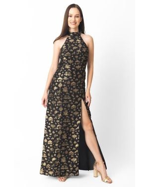 Ras Leontine Halter Brocade Gown - Black