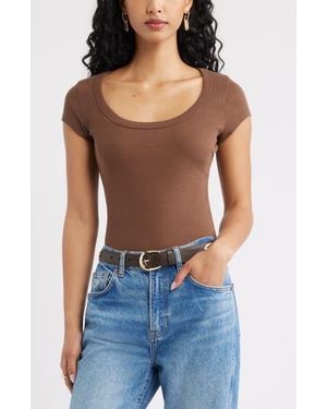 Open Edit Scoop Neck Stretch Cotton T-Shirt - Brown