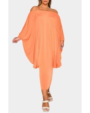 L I V D Eero Off The Shoulder Long Sleeve Tapered Hem Midi Dress - Orange