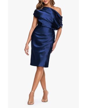 Betsy & Adam Ruched One-Shoulder Satin Charmeuse Cocktail Dress - Blue