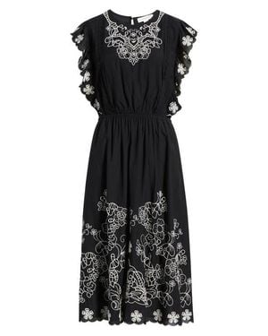 Treasure & Bond Floral Embroidered Flutter Sleeve Midi Dress - Black