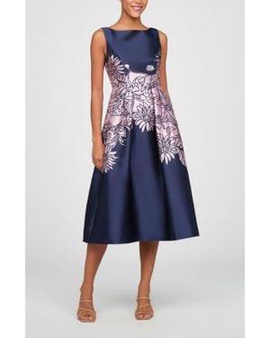 Kay Unger Evaline Placed Floral Cocktail Midi Dress - Blue