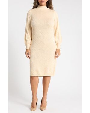 Anne Klein Bobble Stitch Mock Neck Sweater Dress - Natural