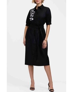 Foxcroft Esther Belted Floral Embroidered Cotton Blend Shirtdress - Black