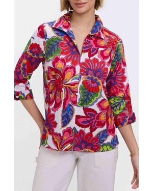 Foxcroft Agnes Paradise Blooms Three-Quarter Sleeve Cotton Popover Top - Red