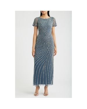 Pisarro Nights Beaded Jewel Neck Gown - Blue
