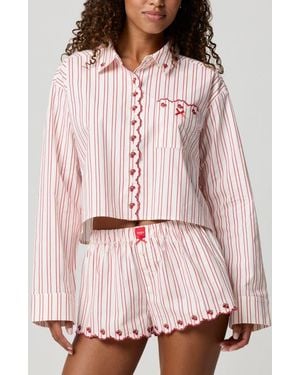 Florence By Mills Cherry Stripe Crop Button-Up Shirt - Pink