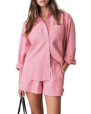 Marine Layer Gracey Stripe Oversize Cotton & Kapok Seersucker Button-Up Shirt - Pink