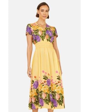 Yumi' Floral Mirror Print Midi Dress - Yellow