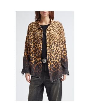 R13 Oversize Shredded Seam Drop Neck Leopard Print Button-Up Shirt - Black