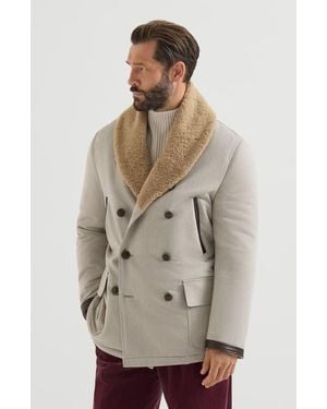 Brunello Cucinelli Wool And Cashmere Cavalry Coat With Thermore Padding And Shearling Collar - Natural