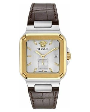 Versace Greca Edge Two-Tone Leather Strap Watch, 38Mm X 49Mm - Metallic