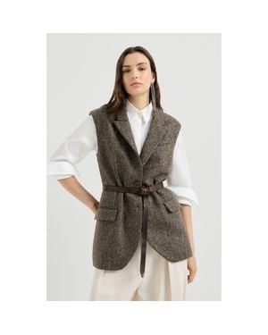 Brunello Cucinelli Sparkling Virgin Wool Chevron Vest With Leather Belt And Monili - Gray