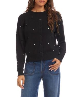 Karen Kane Faux Pearl Embellished Crewneck Cardigan - Black